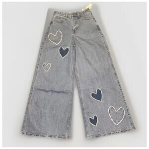 Social Tourist Wide Leg Jeans Womens W28 7R Light Wash Heart Patch High Rise NWT